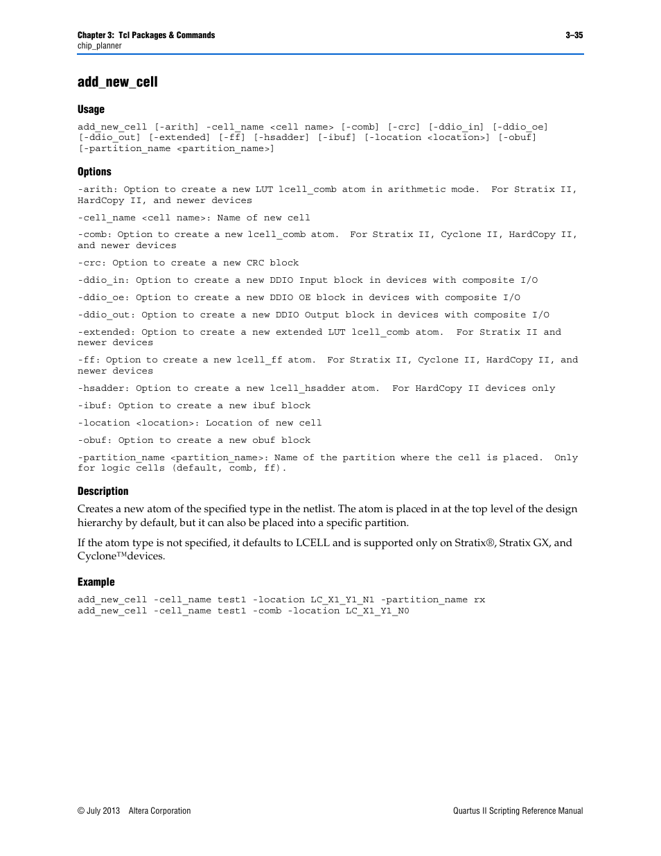 Add_new_cell, Usage, Options | Description, Example, Add_new_cell –35 | Altera Quartus II Scripting User Manual | Page 165 / 634