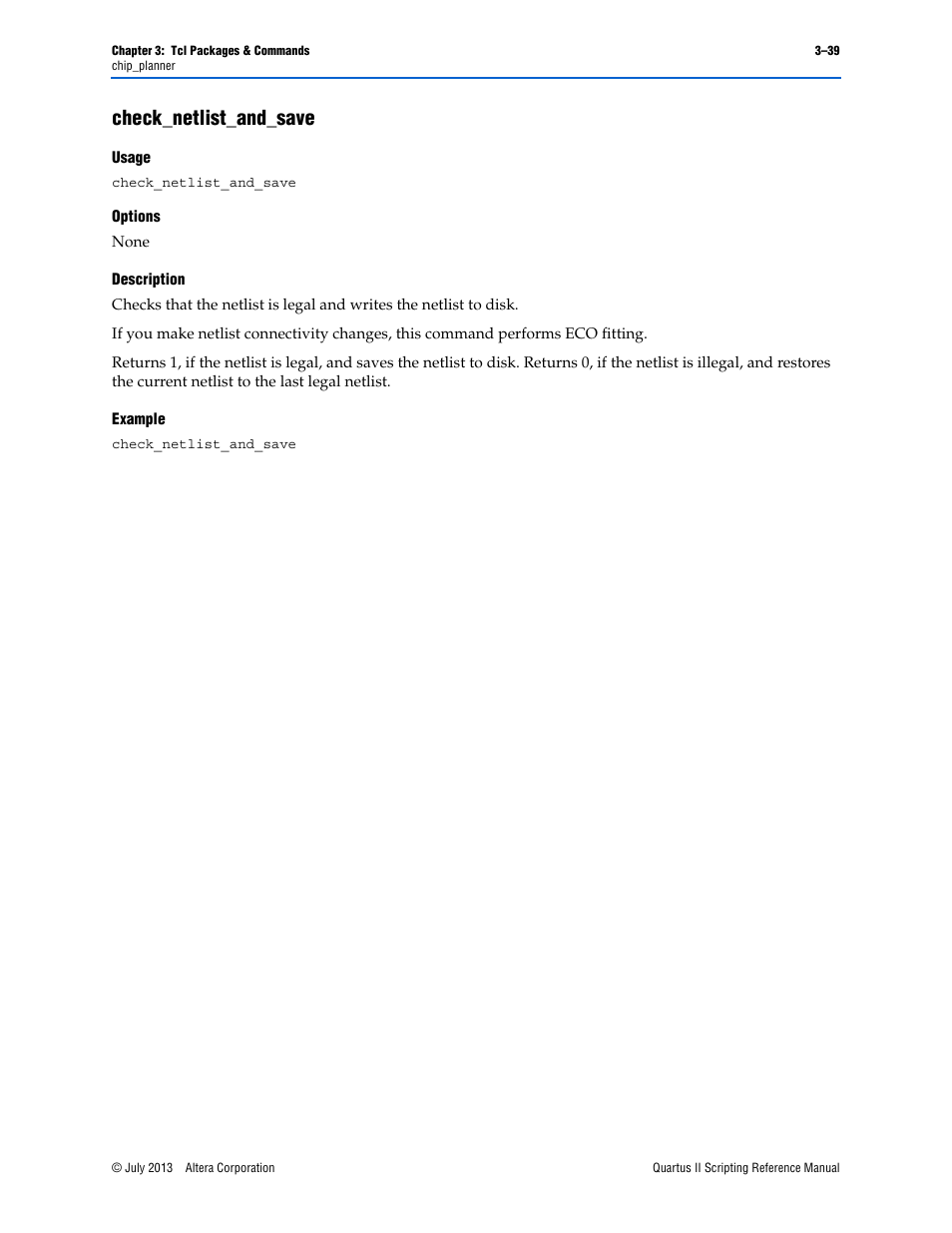Check_netlist_and_save, Usage, Options | Description, Example, Check_netlist_and_save –39 | Altera Quartus II Scripting User Manual | Page 169 / 634