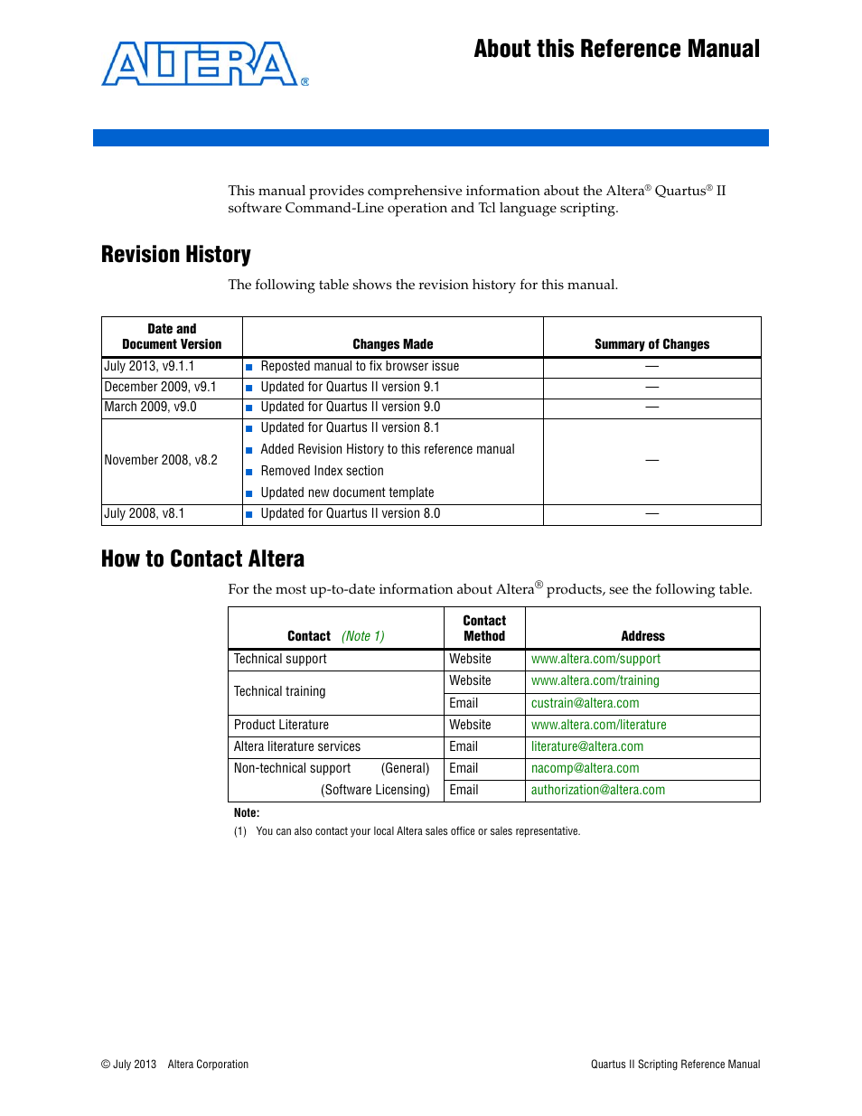 About this reference manual, Revision history, How to contact altera | Altera Quartus II Scripting User Manual | Page 17 / 634