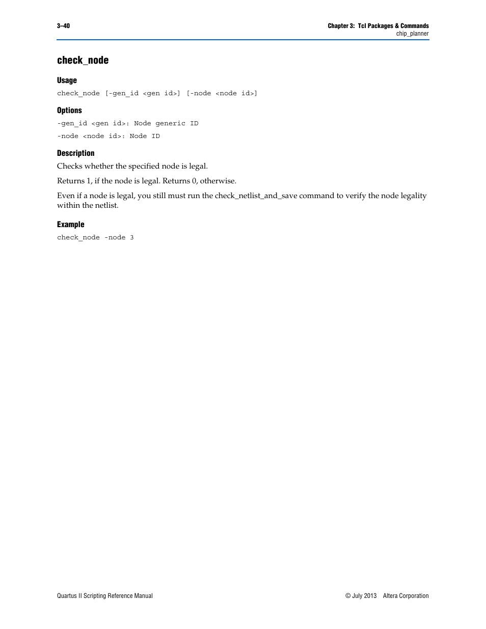 Check_node, Usage, Options | Description, Example, Check_node –40 | Altera Quartus II Scripting User Manual | Page 170 / 634