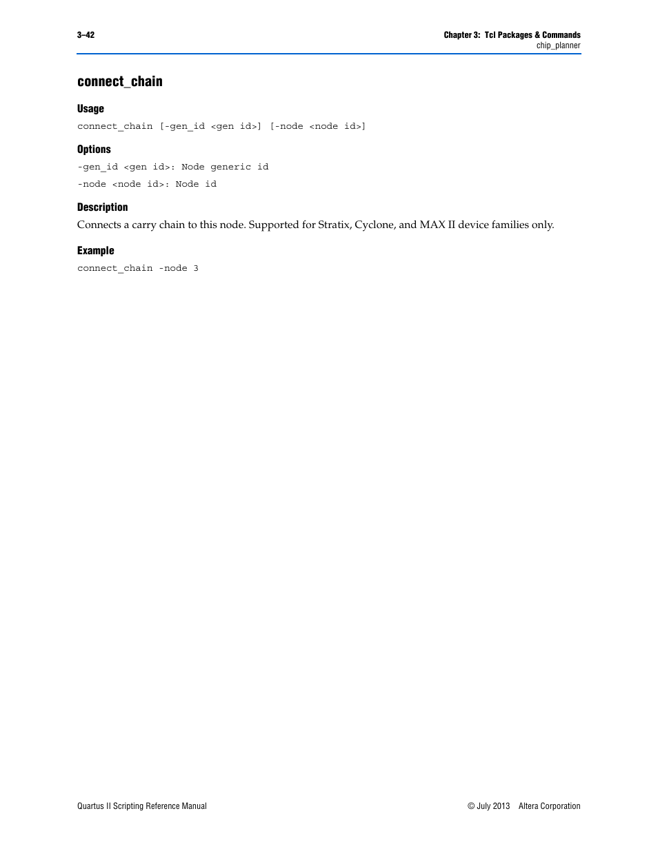 Connect_chain, Usage, Options | Description, Example, Connect_chain –42 | Altera Quartus II Scripting User Manual | Page 172 / 634