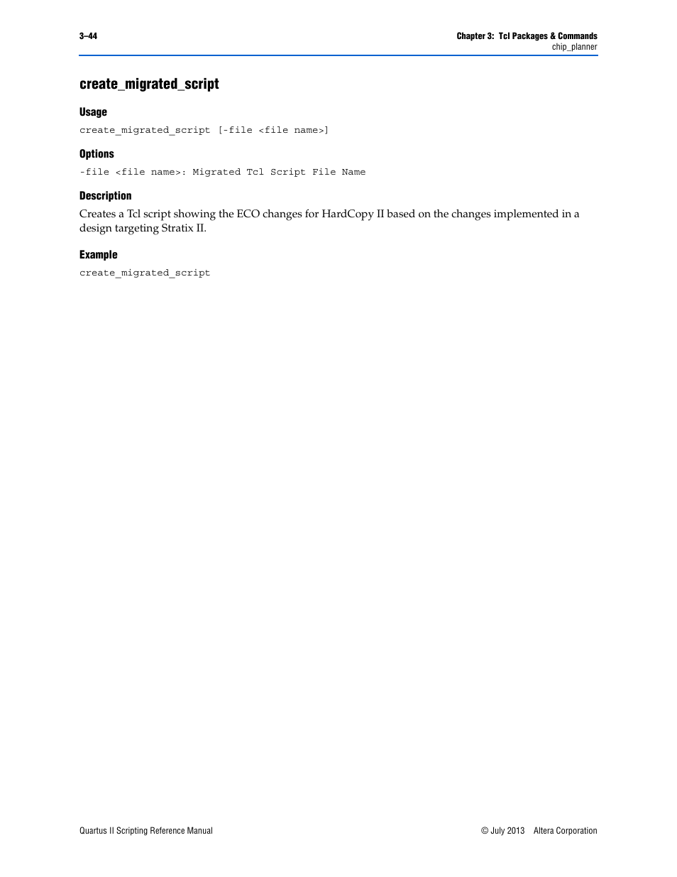 Create_migrated_script, Usage, Options | Description, Example, Create_migrated_script –44 | Altera Quartus II Scripting User Manual | Page 174 / 634