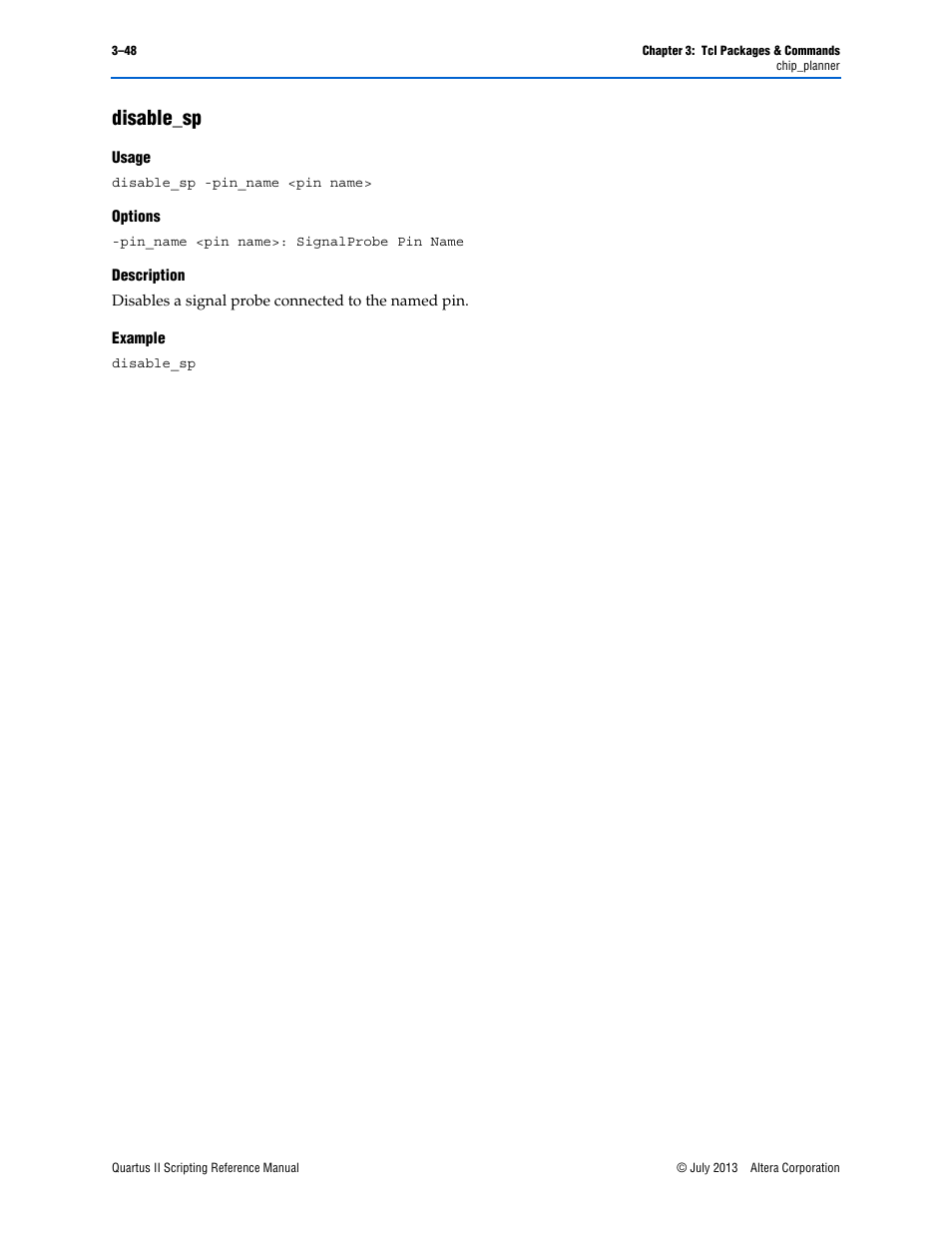 Disable_sp, Usage, Options | Description, Example, Disable_sp –48 | Altera Quartus II Scripting User Manual | Page 178 / 634