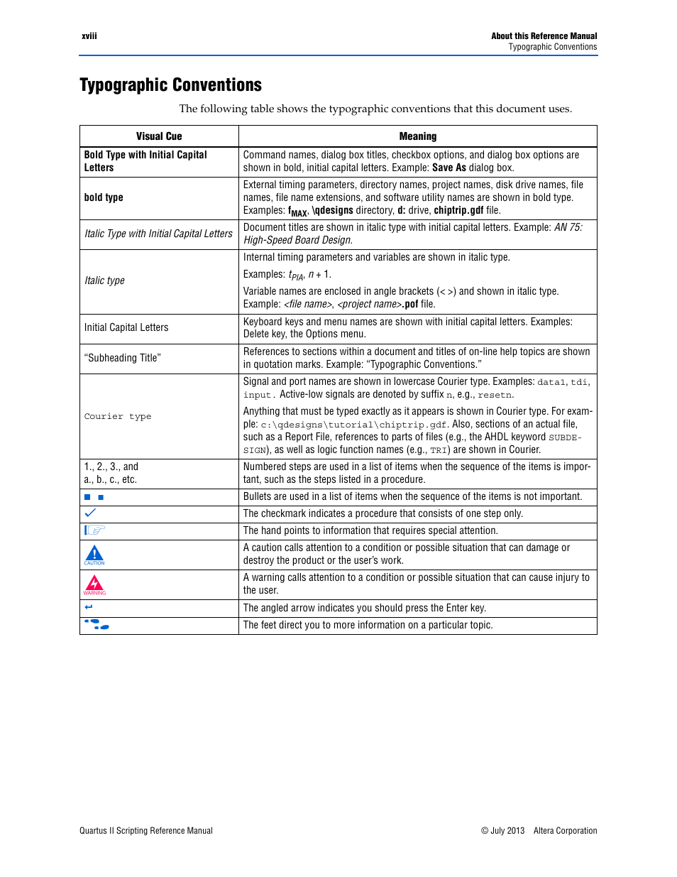 Typographic conventions | Altera Quartus II Scripting User Manual | Page 18 / 634
