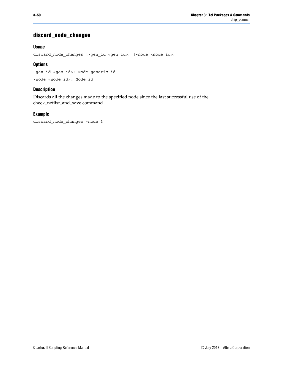 Discard_node_changes, Usage, Options | Description, Example, Discard_node_changes –50 | Altera Quartus II Scripting User Manual | Page 180 / 634