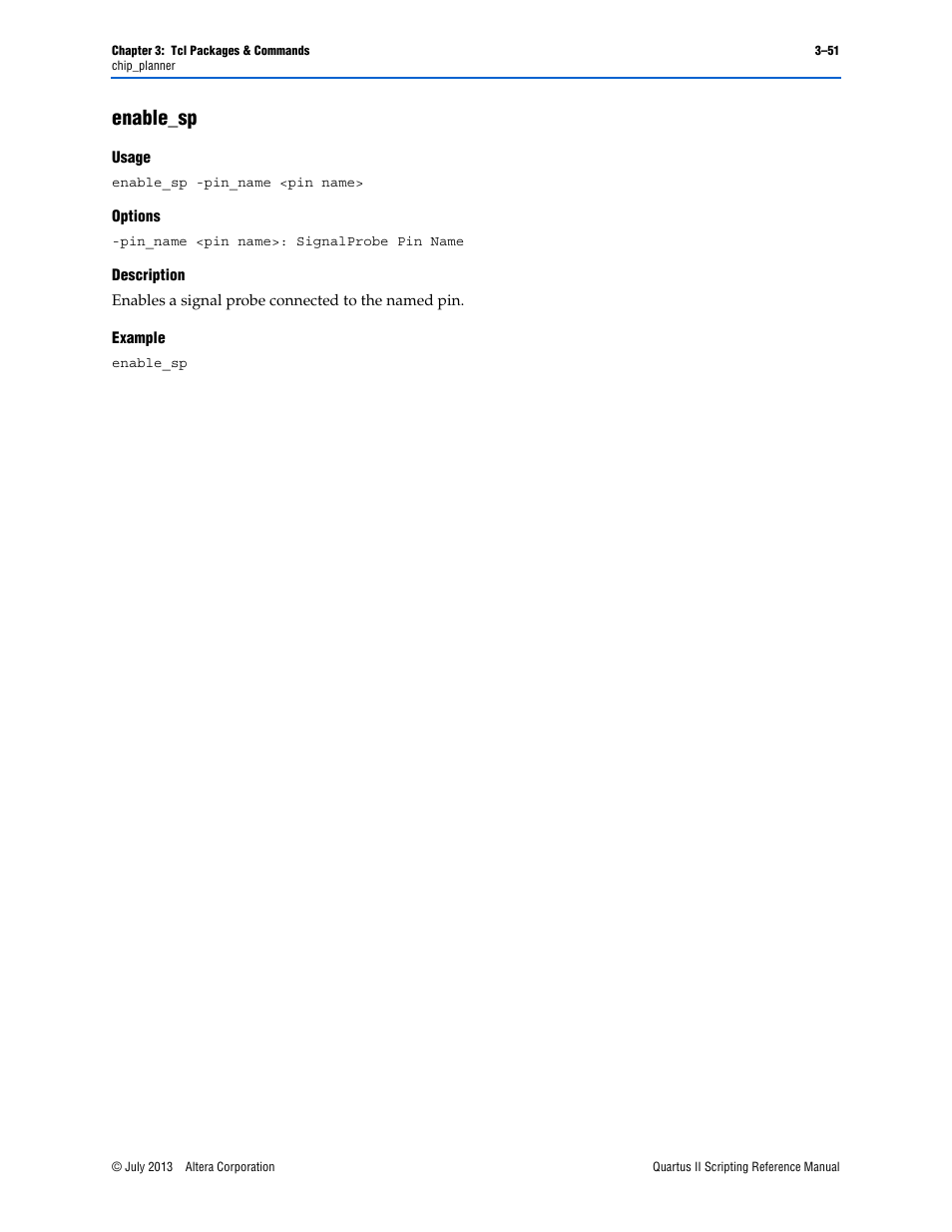 Enable_sp, Usage, Options | Description, Example, Enable_sp –51 | Altera Quartus II Scripting User Manual | Page 181 / 634