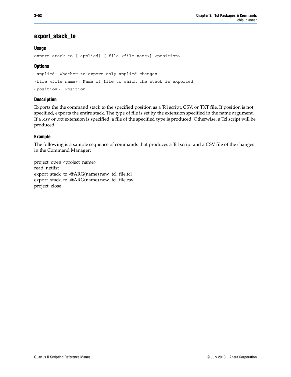 Export_stack_to, Usage, Options | Description, Example, Export_stack_to –52 | Altera Quartus II Scripting User Manual | Page 182 / 634
