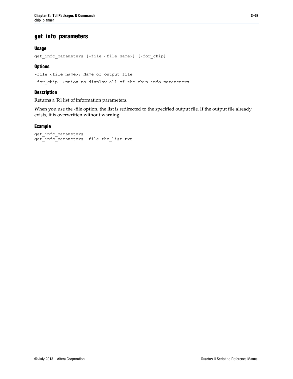 Get_info_parameters, Usage, Options | Description, Example, Get_info_parameters –53 | Altera Quartus II Scripting User Manual | Page 183 / 634