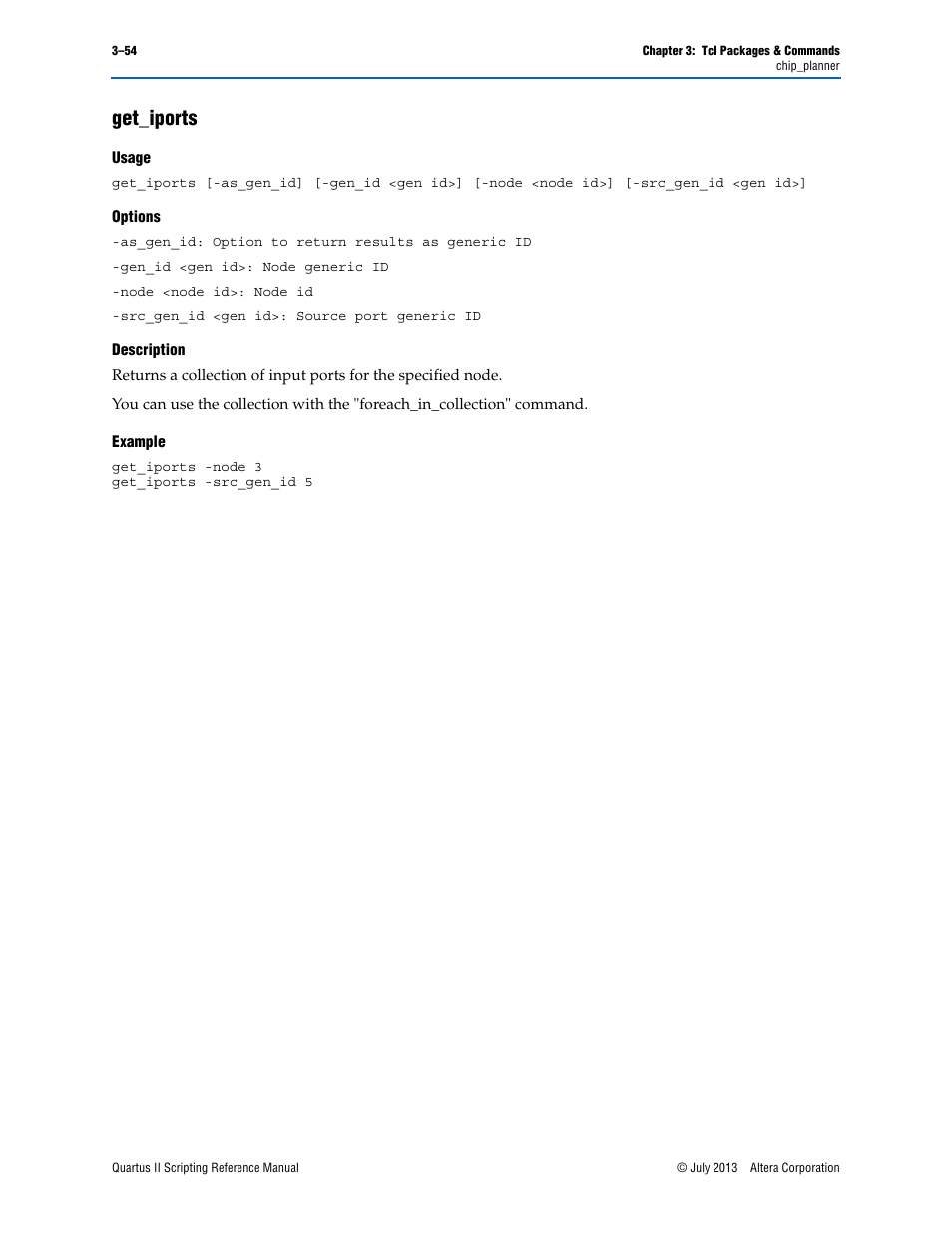 Get_iports, Usage, Options | Description, Example, Get_iports –54 | Altera Quartus II Scripting User Manual | Page 184 / 634