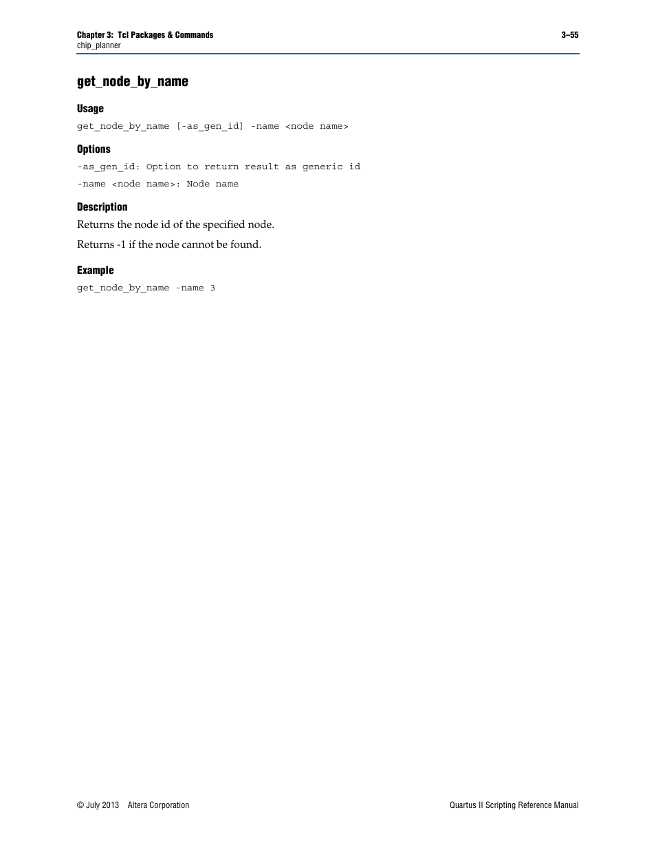 Get_node_by_name, Usage, Options | Description, Example, Get_node_by_name –55 | Altera Quartus II Scripting User Manual | Page 185 / 634