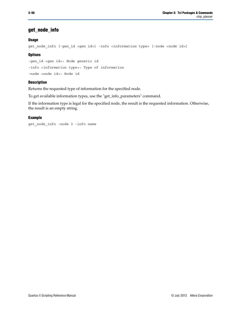 Get_node_info, Usage, Options | Description, Example, Get_node_info –56 | Altera Quartus II Scripting User Manual | Page 186 / 634