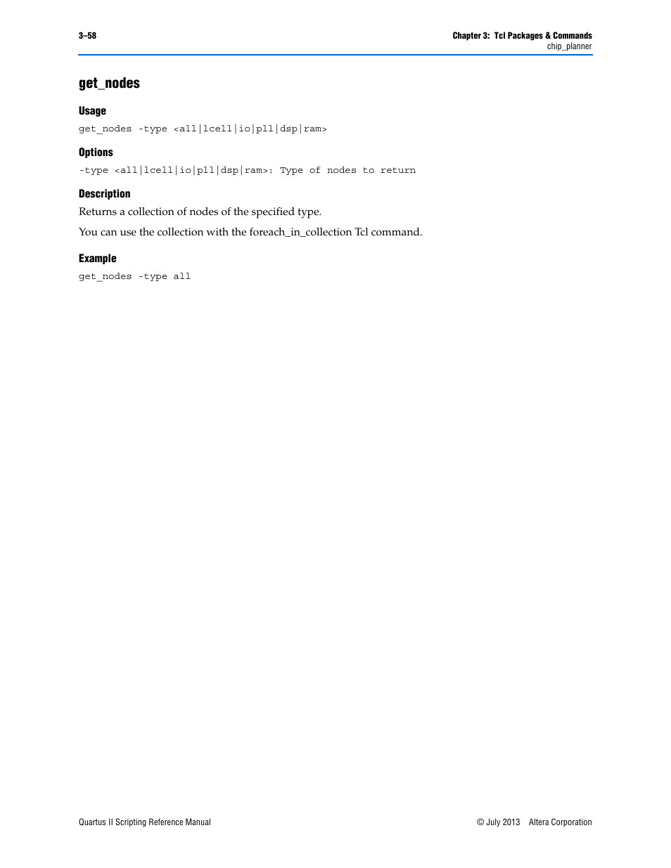 Get_nodes, Usage, Options | Description, Example, Get_nodes –58 | Altera Quartus II Scripting User Manual | Page 188 / 634