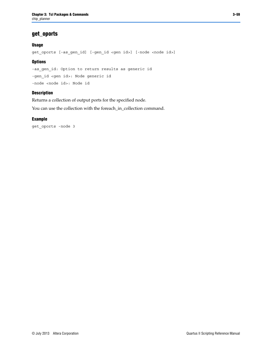 Get_oports, Usage, Options | Description, Example, Get_oports –59 | Altera Quartus II Scripting User Manual | Page 189 / 634