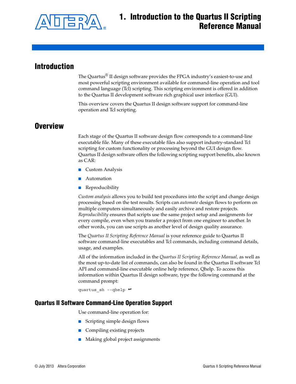 Introduction, Overview, Quartus ii software command-line operation support | Introduction –1 overview –1 | Altera Quartus II Scripting User Manual | Page 19 / 634