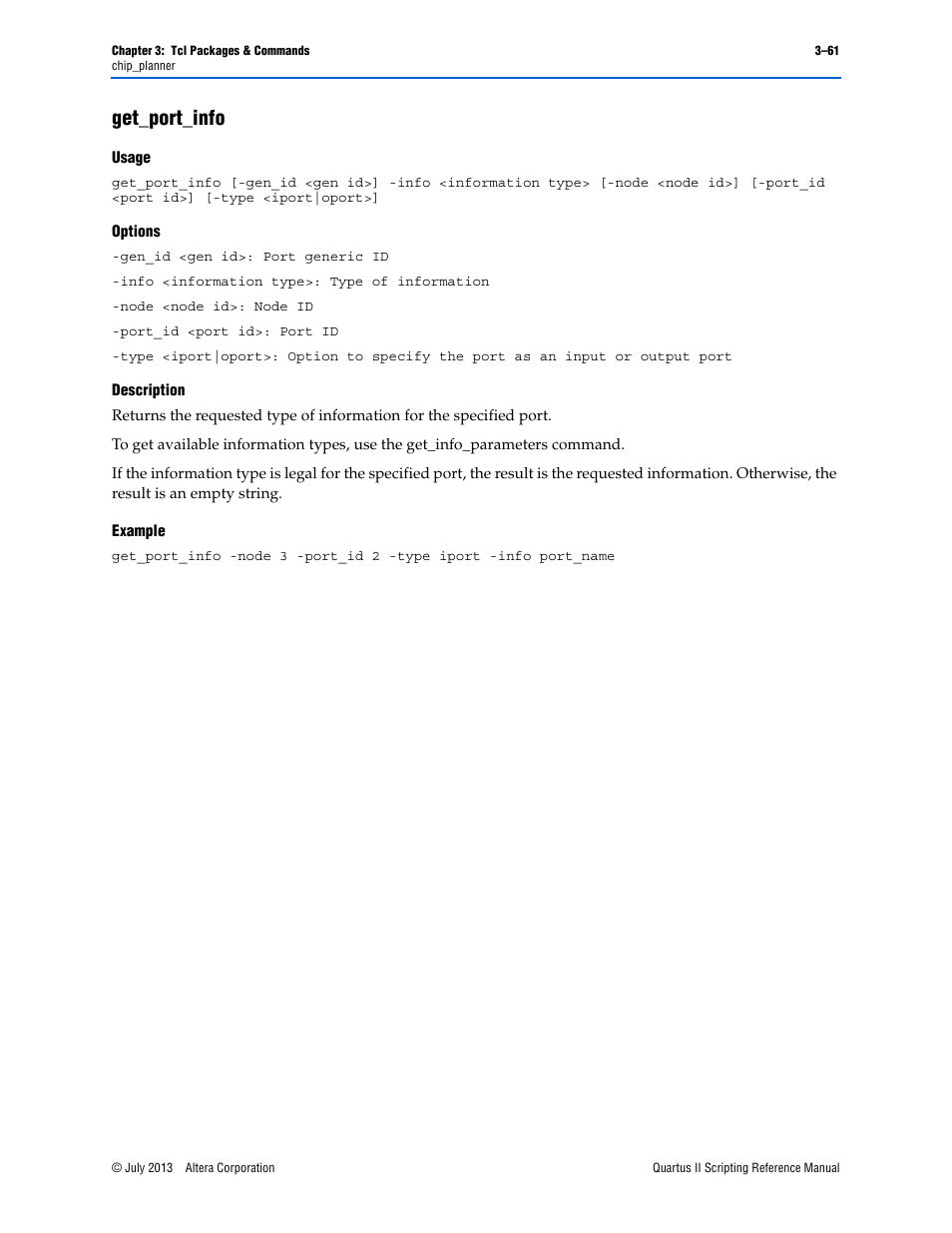 Get_port_info, Usage, Options | Description, Example, Get_port_info –61 | Altera Quartus II Scripting User Manual | Page 191 / 634