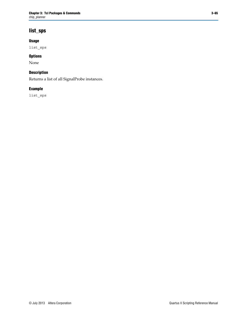 List_sps, Usage, Options | Description, Example, List_sps –65 | Altera Quartus II Scripting User Manual | Page 195 / 634