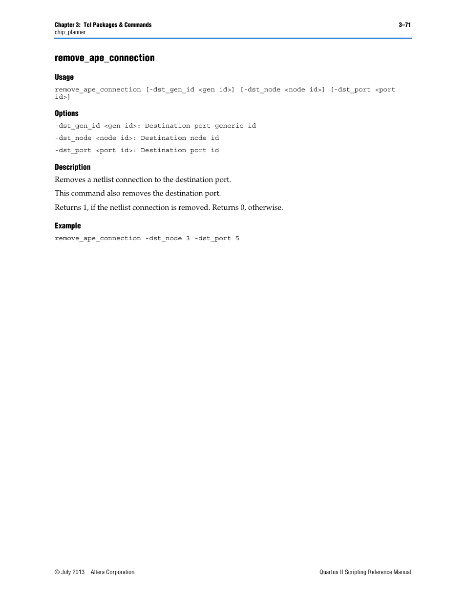 Remove_ape_connection, Usage, Options | Description, Example, Remove_ape_connection –71 | Altera Quartus II Scripting User Manual | Page 201 / 634