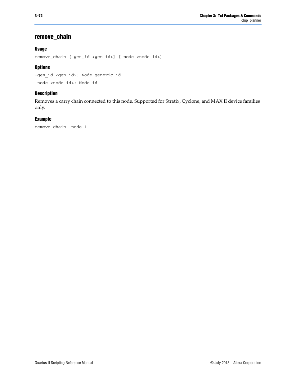 Remove_chain, Usage, Options | Description, Example, Remove_chain –72 | Altera Quartus II Scripting User Manual | Page 202 / 634