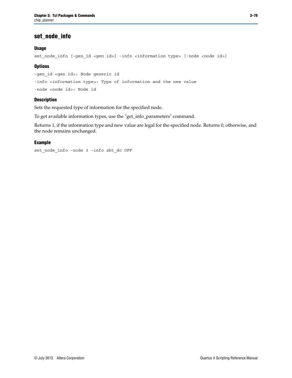 Set_node_info, Usage, Options | Description, Example, Set_node_info –79 | Altera Quartus II Scripting User Manual | Page 209 / 634