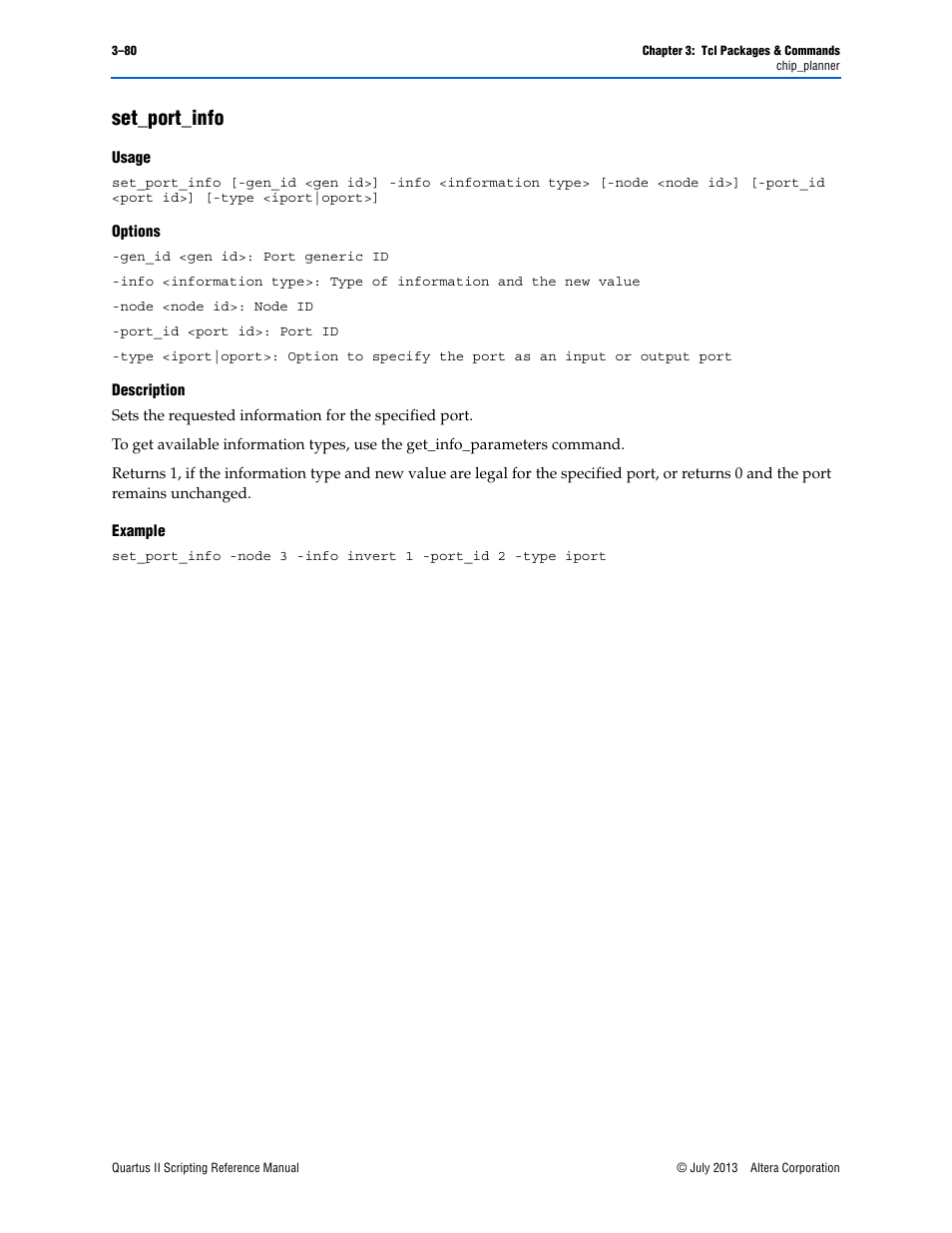 Set_port_info, Usage, Options | Description, Example, Set_port_info –80 | Altera Quartus II Scripting User Manual | Page 210 / 634