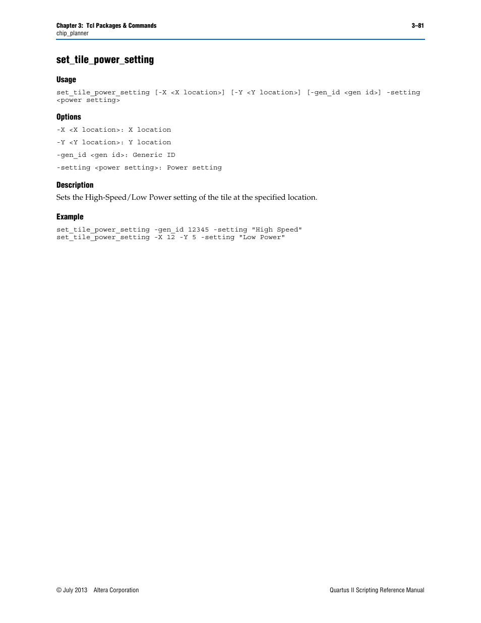Set_tile_power_setting, Usage, Options | Description, Example, Set_tile_power_setting –81 | Altera Quartus II Scripting User Manual | Page 211 / 634