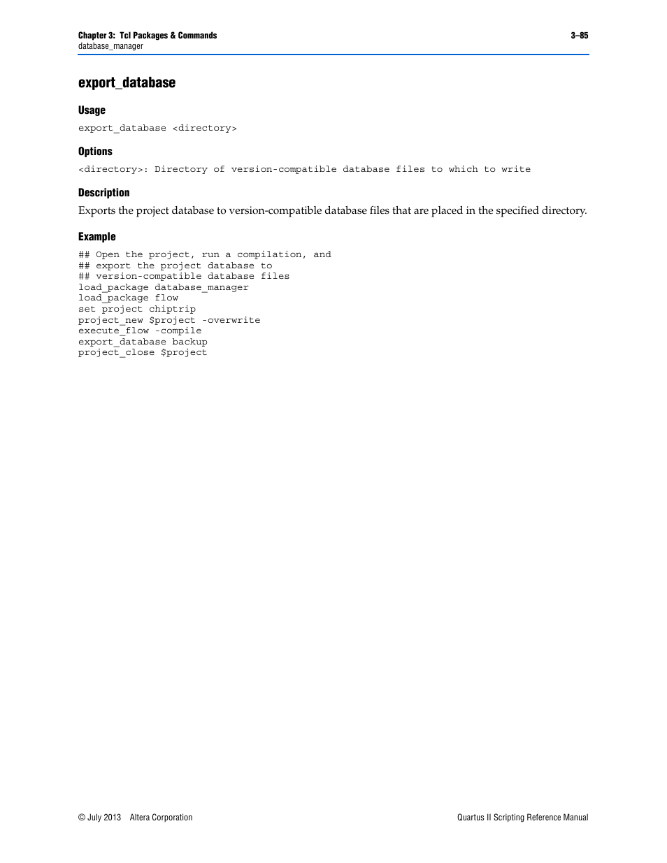 Export_database, Usage, Options | Description, Example, Export_database –85 | Altera Quartus II Scripting User Manual | Page 215 / 634