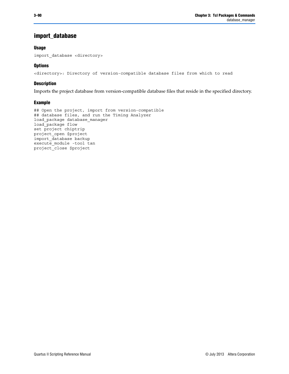 Import_database, Usage, Options | Description, Example, Import_database –90 | Altera Quartus II Scripting User Manual | Page 220 / 634