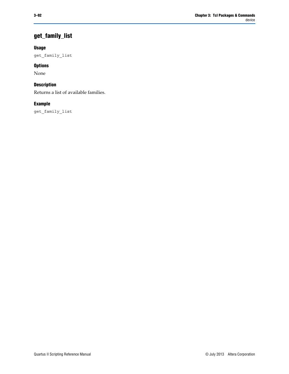 Get_family_list, Usage, Options | Description, Example, Get_family_list –92 | Altera Quartus II Scripting User Manual | Page 222 / 634
