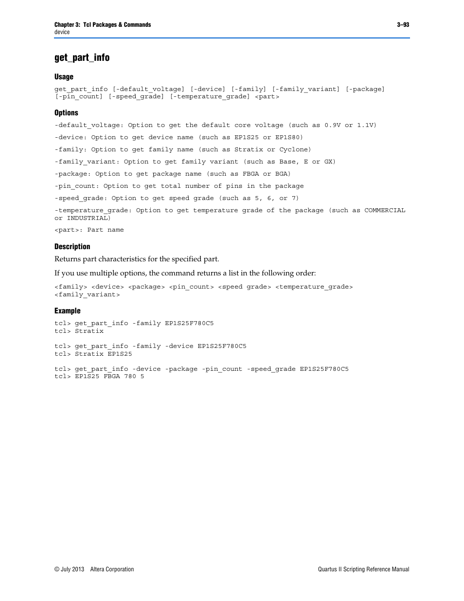 Get_part_info, Usage, Options | Description, Example, Get_part_info –93 | Altera Quartus II Scripting User Manual | Page 223 / 634