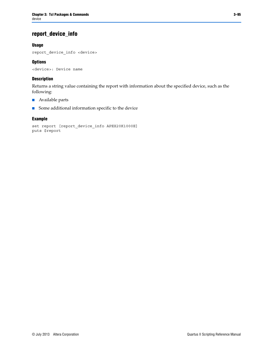 Report_device_info, Usage, Options | Description, Example, Report_device_info –95 | Altera Quartus II Scripting User Manual | Page 225 / 634