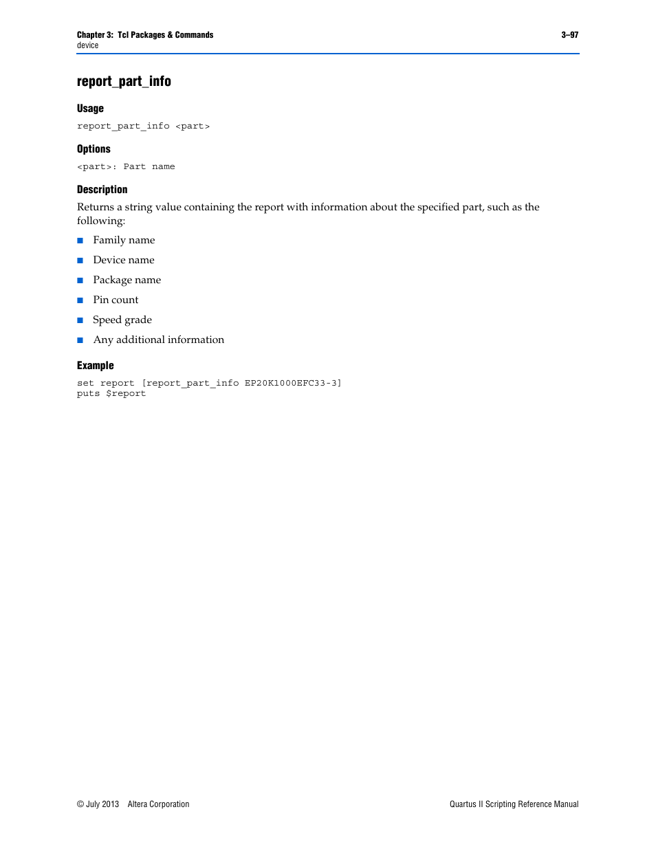 Report_part_info, Usage, Options | Description, Example, Report_part_info –97 | Altera Quartus II Scripting User Manual | Page 227 / 634