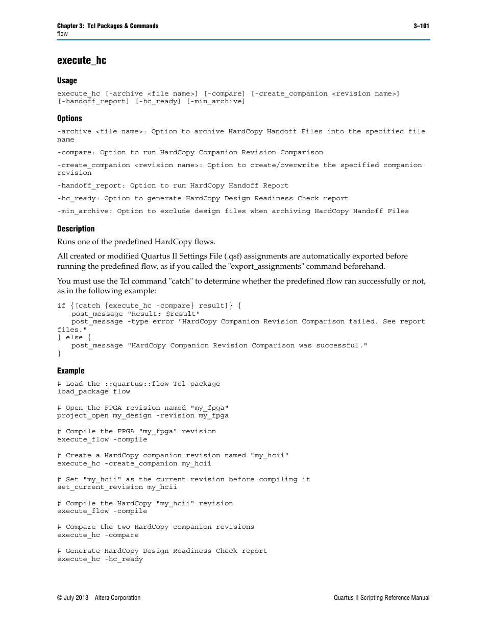 Execute_hc, Usage, Options | Description, Example, Execute_hc –101 | Altera Quartus II Scripting User Manual | Page 231 / 634