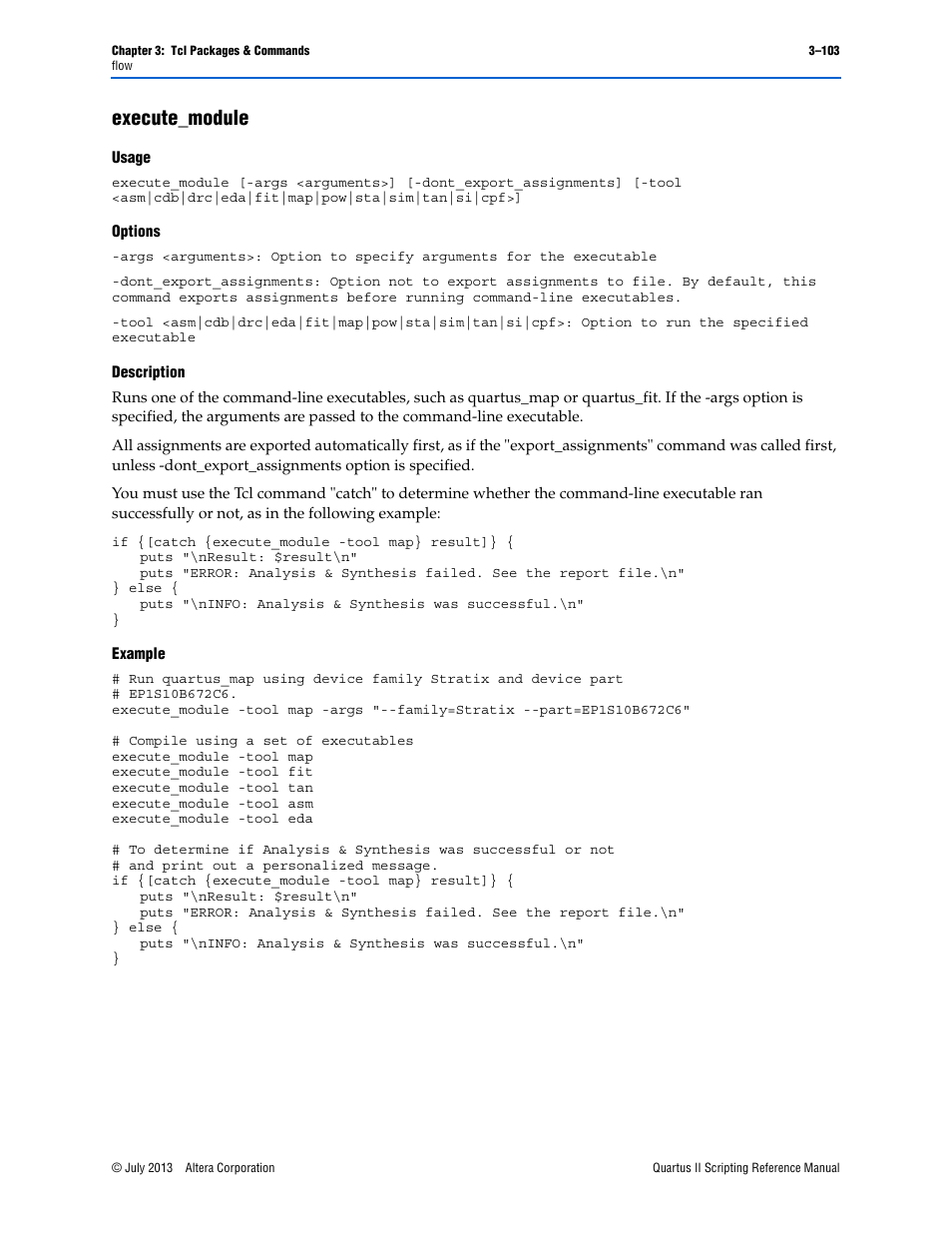 Execute_module, Usage, Options | Description, Example, Execute_module –103 | Altera Quartus II Scripting User Manual | Page 233 / 634