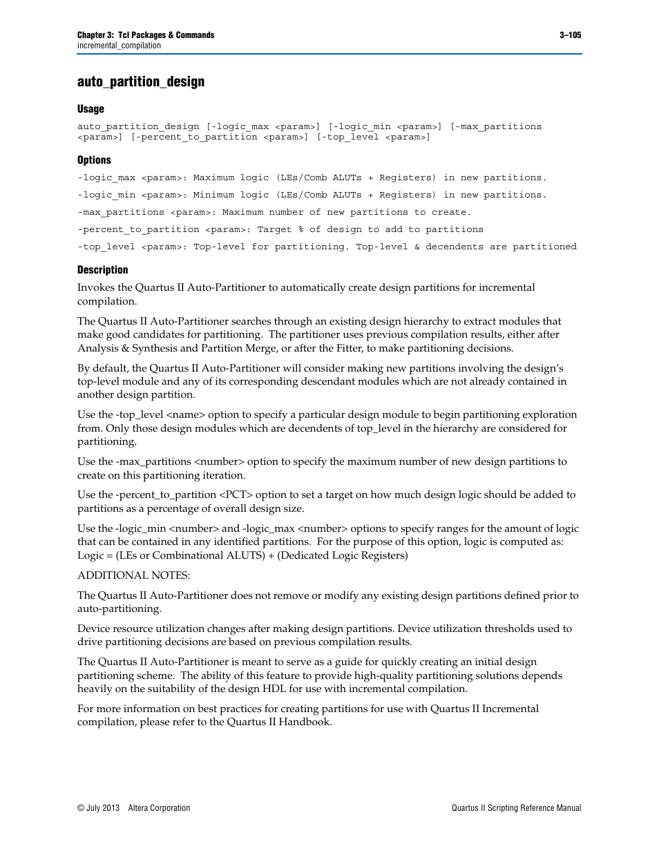 Auto_partition_design, Usage, Options | Description, Auto_partition_design –105 | Altera Quartus II Scripting User Manual | Page 235 / 634