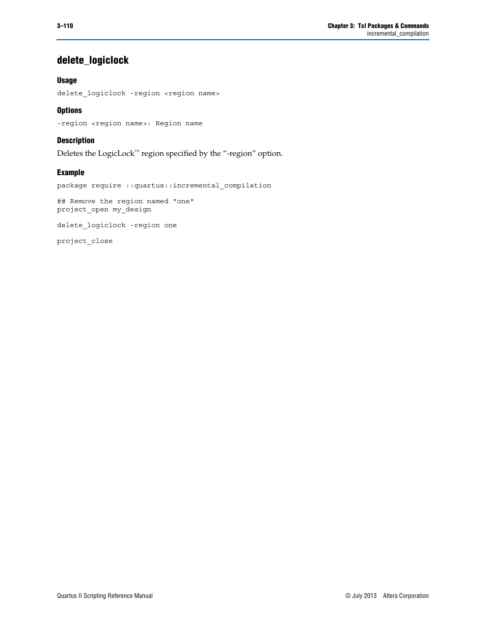 Delete_logiclock, Usage, Options | Description, Example, Delete_logiclock –110 | Altera Quartus II Scripting User Manual | Page 240 / 634