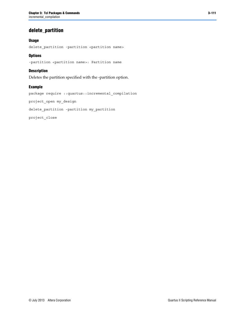 Delete_partition, Usage, Options | Description, Example, Delete_partition –111 | Altera Quartus II Scripting User Manual | Page 241 / 634