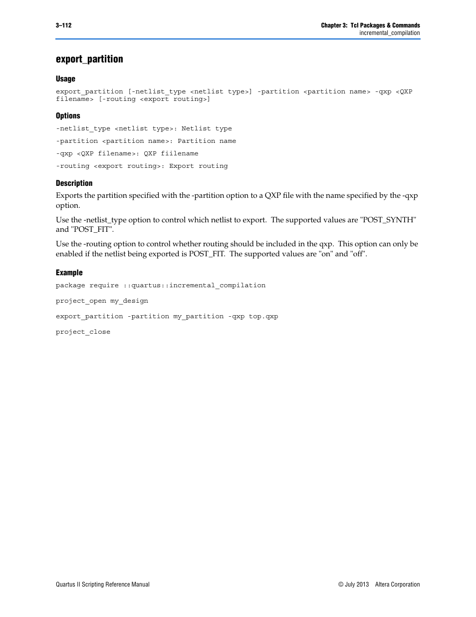 Export_partition, Usage, Options | Description, Example, Export_partition –112 | Altera Quartus II Scripting User Manual | Page 242 / 634