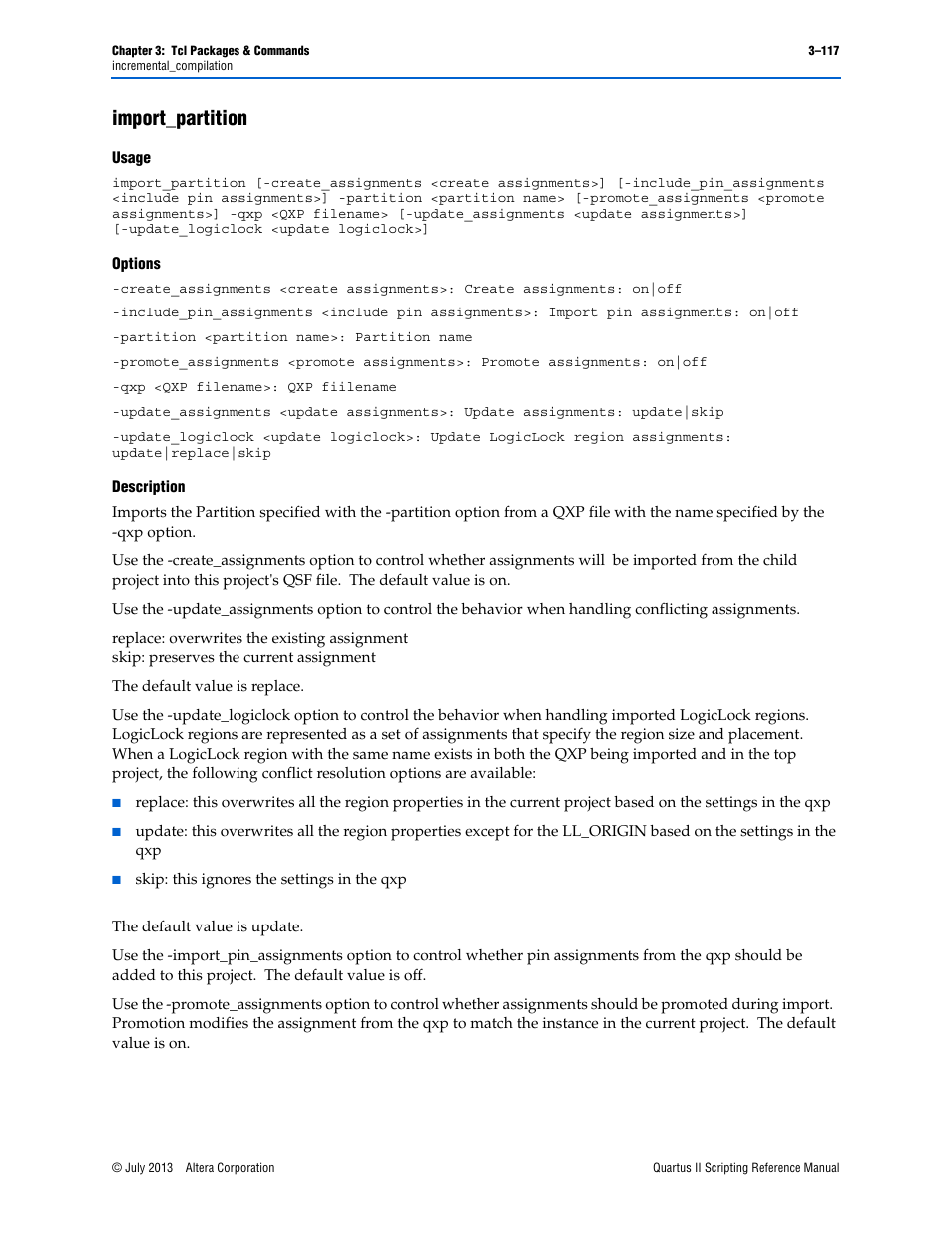 Import_partition, Usage, Options | Description, Import_partition –117 | Altera Quartus II Scripting User Manual | Page 247 / 634