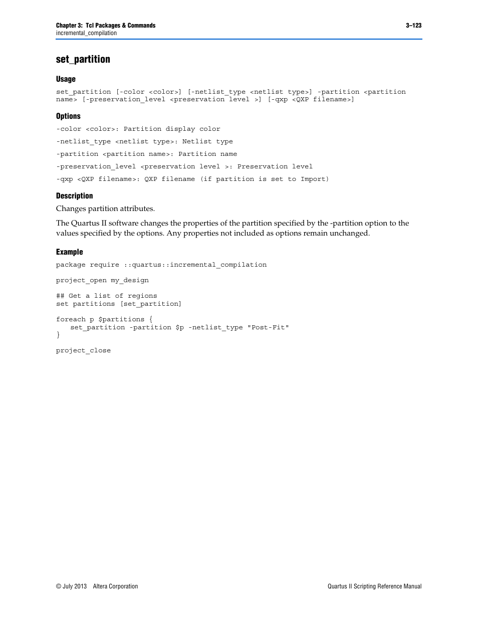 Set_partition, Usage, Options | Description, Example, Set_partition –123 | Altera Quartus II Scripting User Manual | Page 253 / 634