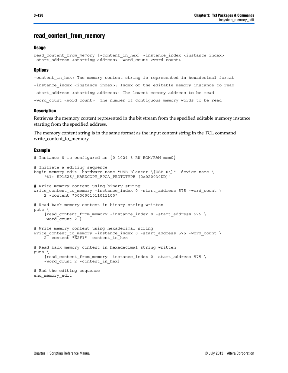 Read_content_from_memory, Usage, Options | Description, Example, Read_content_from_memory –128 | Altera Quartus II Scripting User Manual | Page 258 / 634