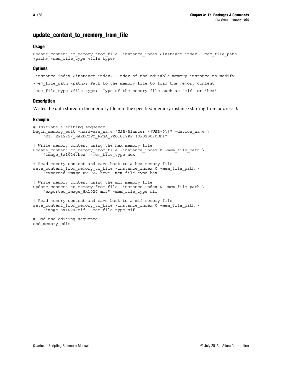 Update_content_to_memory_from_file, Usage, Options | Description, Example, Update_content_to_memory_from_file –130 | Altera Quartus II Scripting User Manual | Page 260 / 634