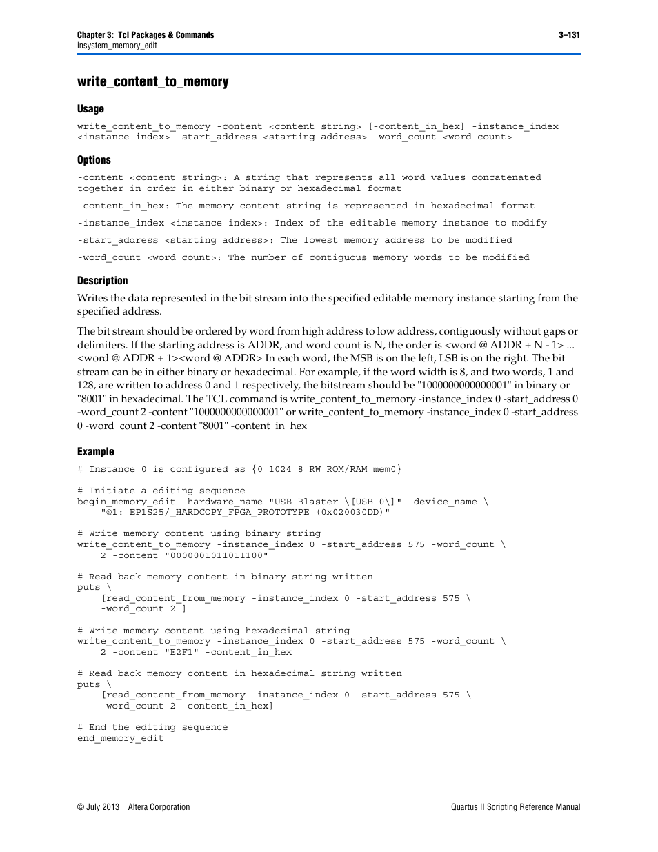 Write_content_to_memory, Usage, Options | Description, Example, Write_content_to_memory –131 | Altera Quartus II Scripting User Manual | Page 261 / 634