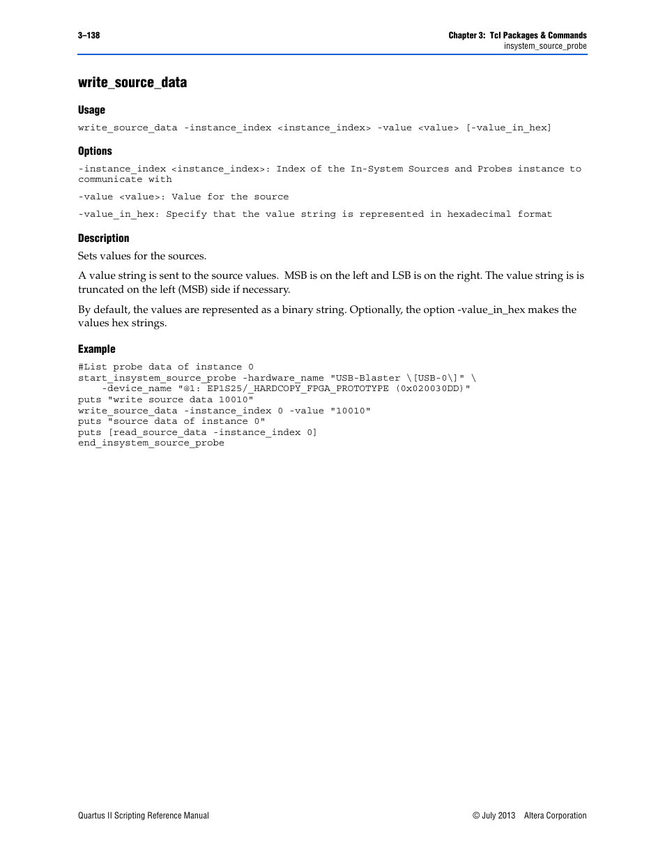 Write_source_data, Usage, Options | Description, Example, Write_source_data –138 | Altera Quartus II Scripting User Manual | Page 268 / 634