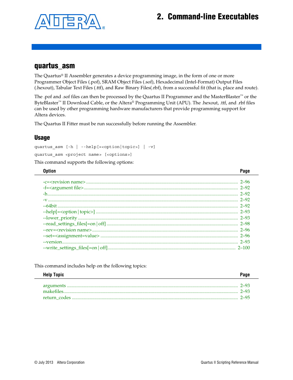 Command-line executables, Quartus_asm, Usage | Chapter 2. command-line executables, Quartus_asm –1, Usage –1 | Altera Quartus II Scripting User Manual | Page 27 / 634