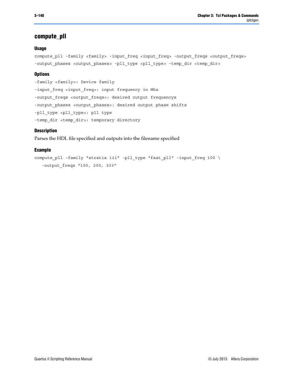 Compute_pll, Usage, Options | Description, Example, Compute_pll –140 | Altera Quartus II Scripting User Manual | Page 270 / 634