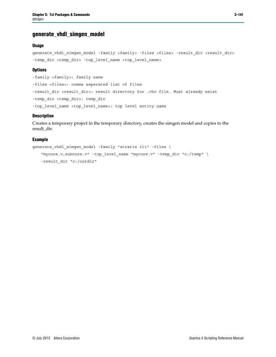 Generate_vhdl_simgen_model, Usage, Options | Description, Example, Generate_vhdl_simgen_model –141 | Altera Quartus II Scripting User Manual | Page 271 / 634