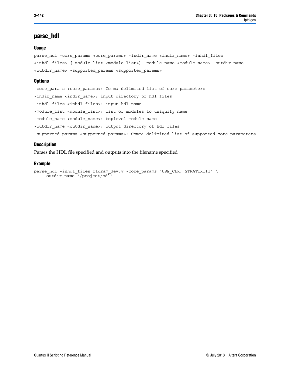 Parse_hdl, Usage, Options | Description, Example, Parse_hdl –142 | Altera Quartus II Scripting User Manual | Page 272 / 634
