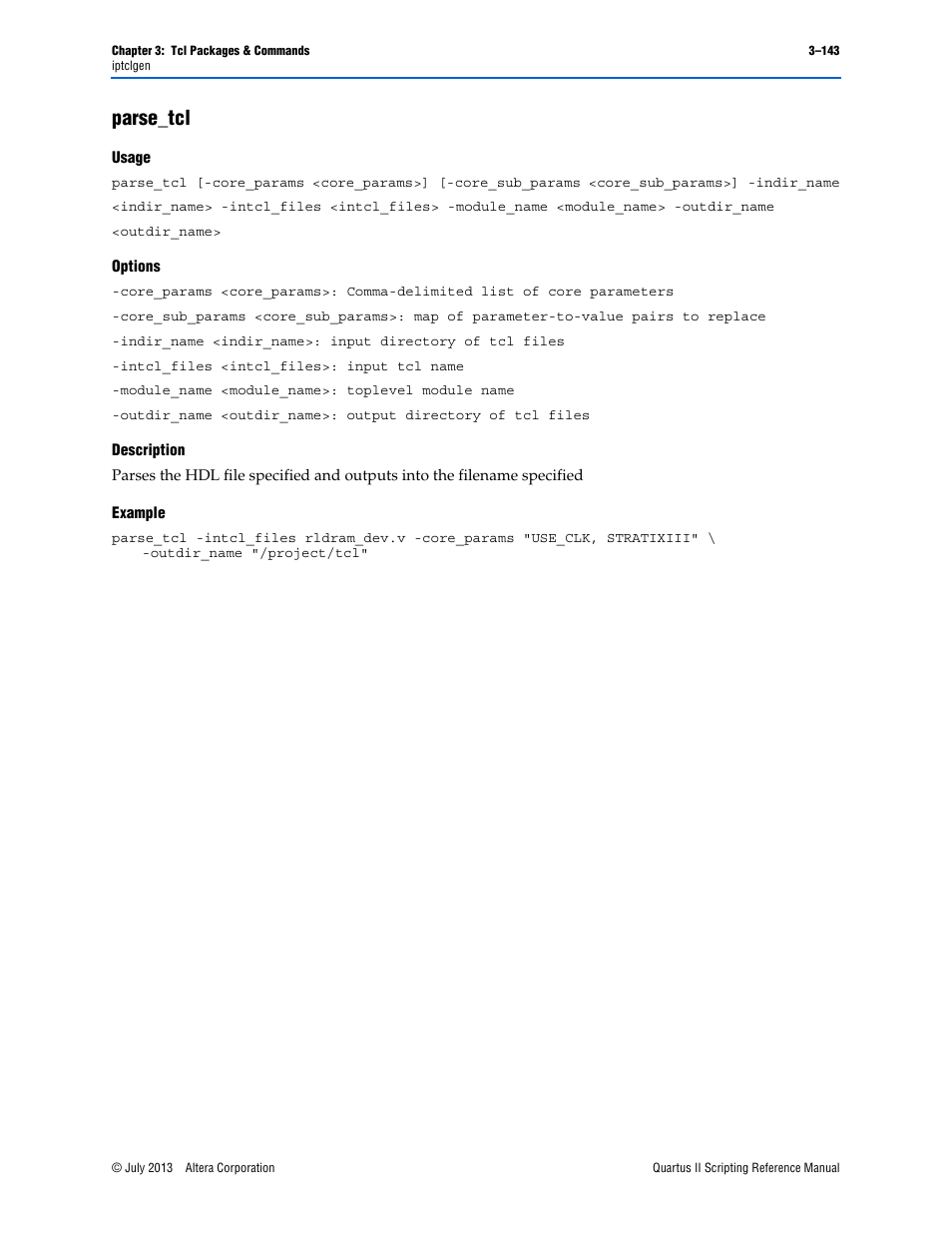 Parse_tcl, Usage, Options | Description, Example, Parse_tcl –143 | Altera Quartus II Scripting User Manual | Page 273 / 634