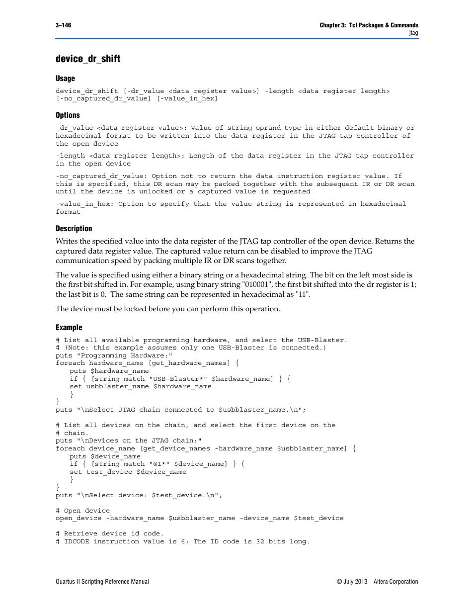 Device_dr_shift, Usage, Options | Description, Example, Device_dr_shift –146 | Altera Quartus II Scripting User Manual | Page 276 / 634