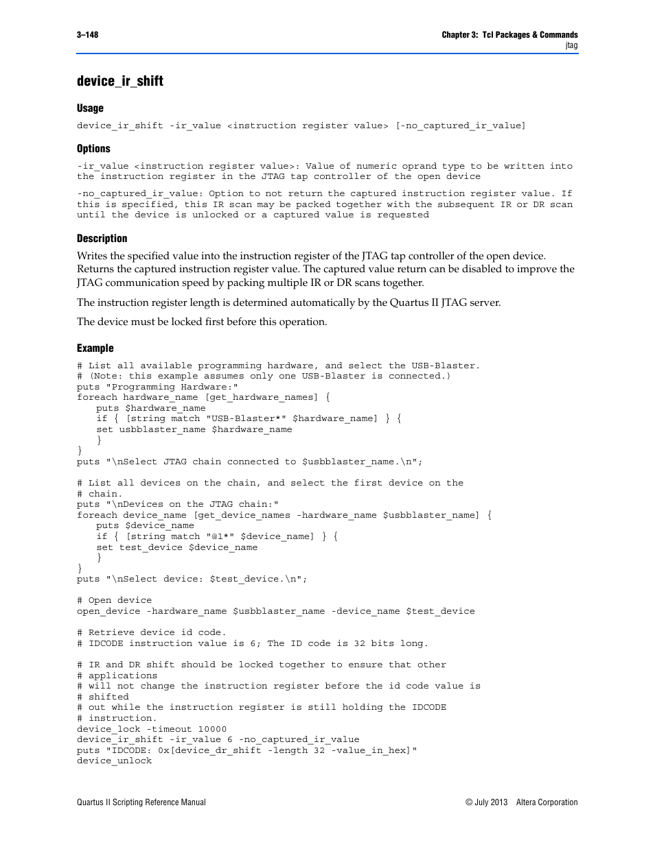 Device_ir_shift, Usage, Options | Description, Example, Device_ir_shift –148 | Altera Quartus II Scripting User Manual | Page 278 / 634